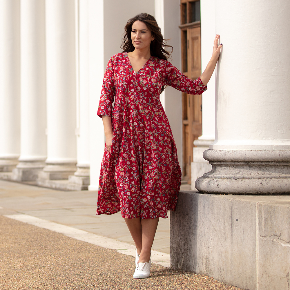 bright red floral dress