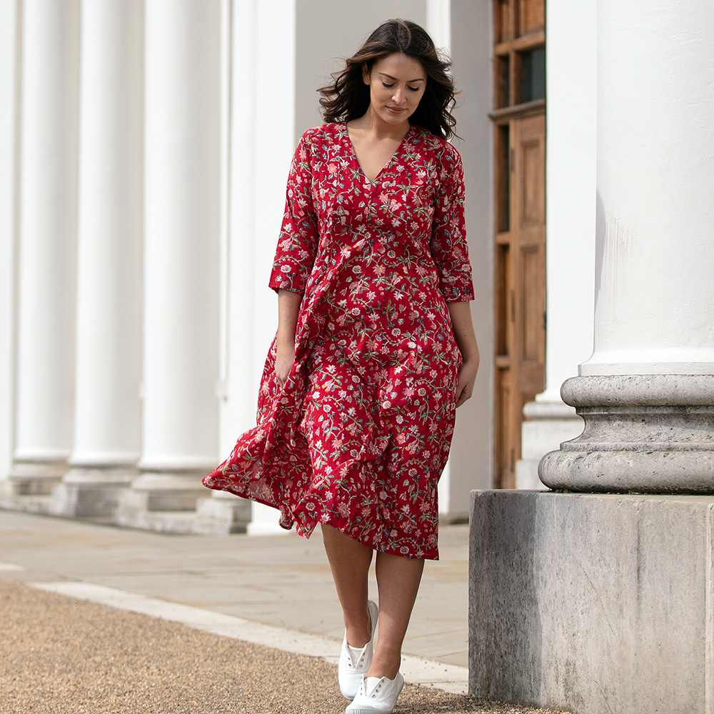 bright red floral dress